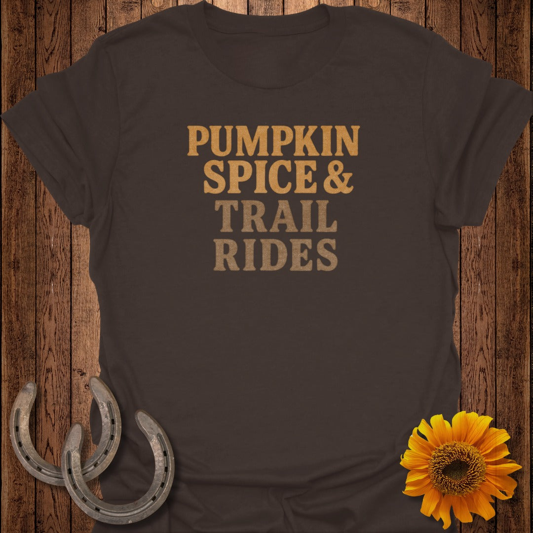 Brown t-shirt with "Pumpkin Spice & Trail Rides" text, horseshoes, and sunflower.