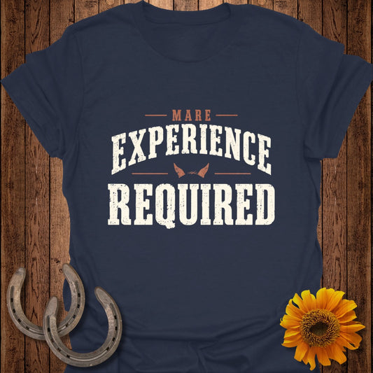 Navy t-shirt with "Mare Experience Required" graphic, horseshoes, and sunflower.