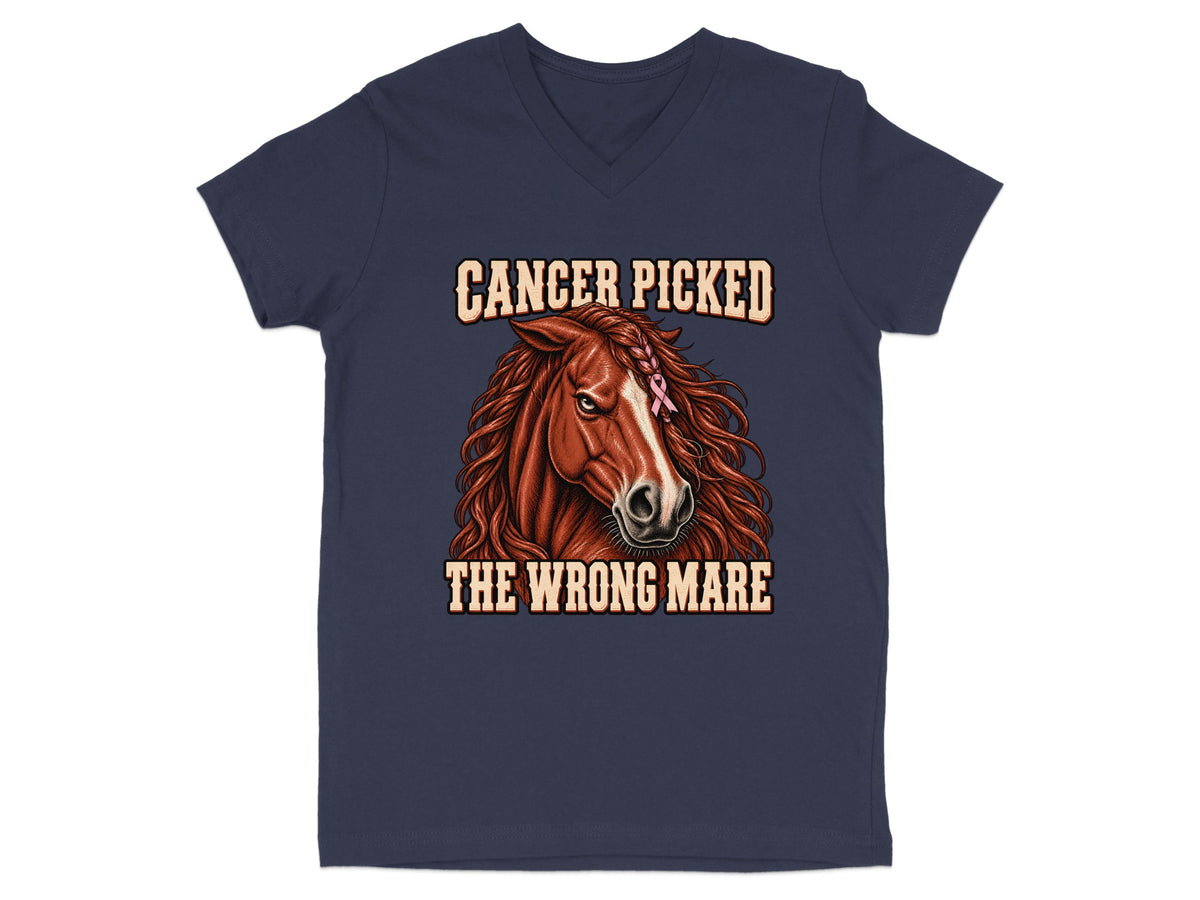 T-shirt with horse head graphic and text "Cancer Picked The Wrong Mare."