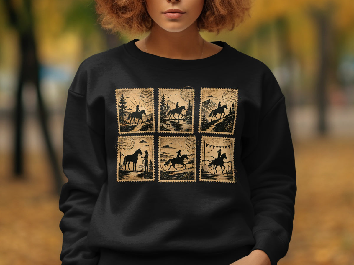 Black sweatshirt with six postage stamp designs depicting horseback riding scenes.