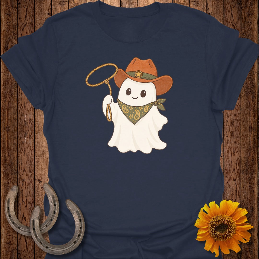 Navy t-shirt with a cartoon ghost wearing a cowboy hat and bandana, holding a lasso.