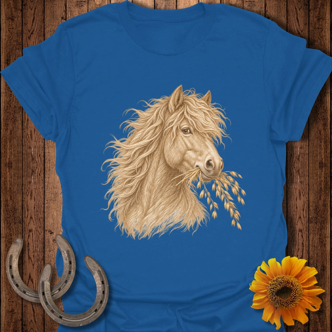 T-shirt with a horse's head eating oats, two horseshoes, and a sunflower.