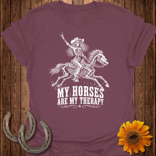Skeleton riding a horse with "My Horses Are My Therapy" text.