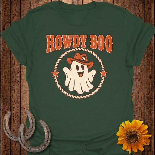 Green t-shirt with "Howdy Boo" text, a cowboy ghost, and horseshoe accents.
