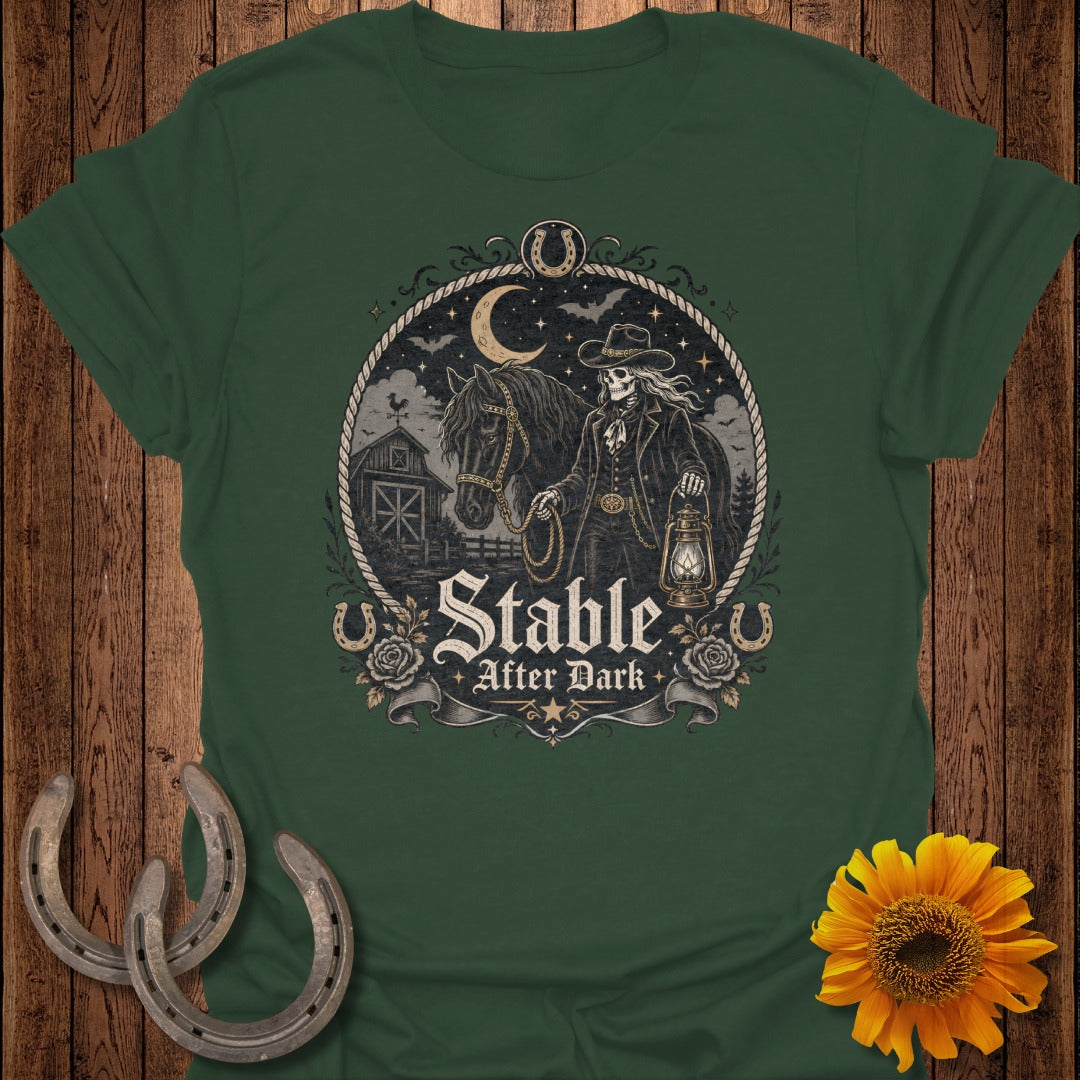 Skeleton cowboy with horse and lantern, "Stable After Dark" text on t-shirt.