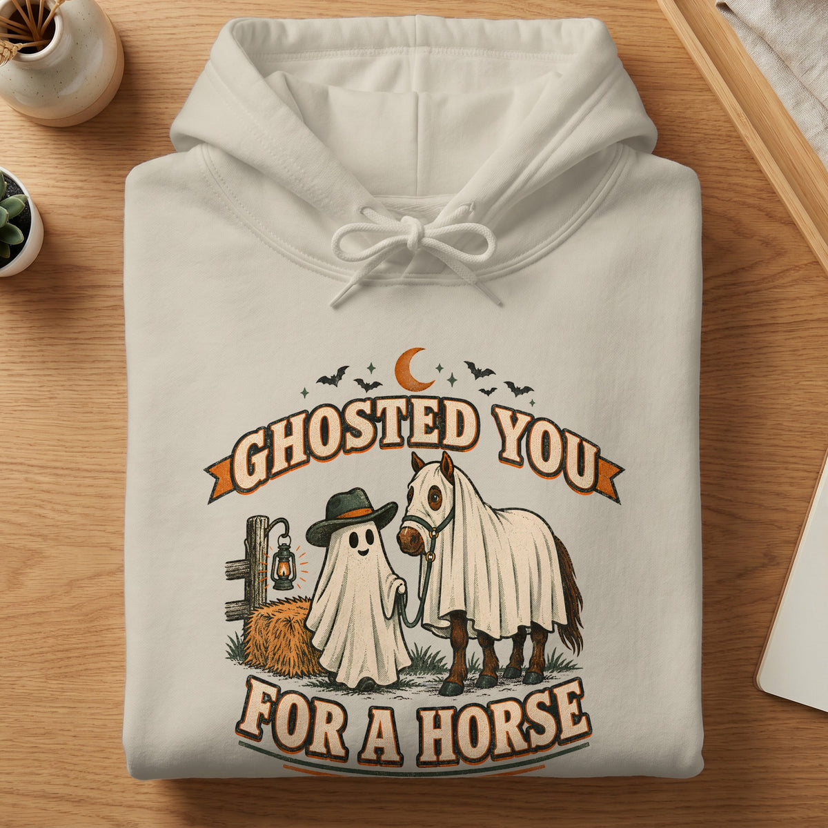Ghosted you for a horse graphic with a ghost and horse on a cream hoodie.