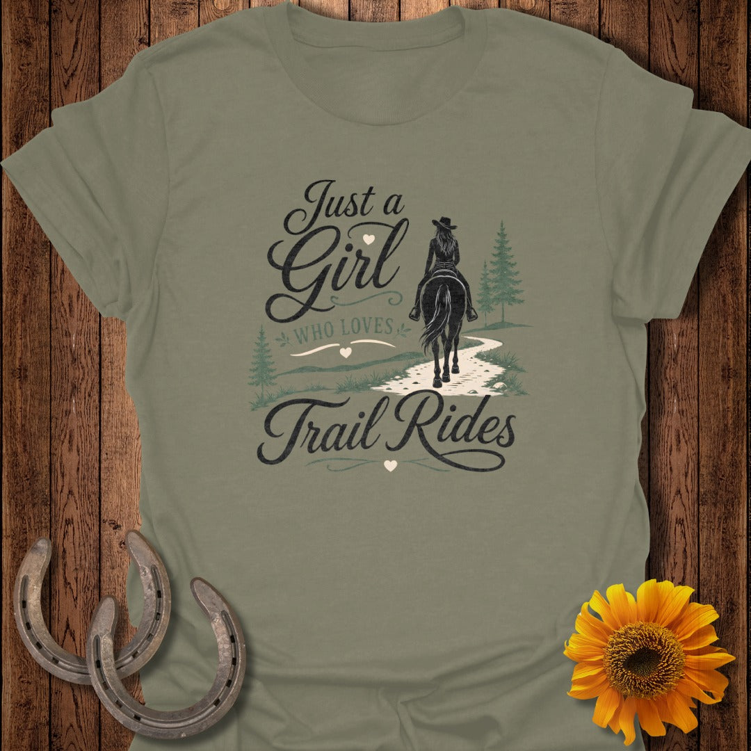 Girl on horseback with "Just a Girl Who Loves Trail Rides" text.