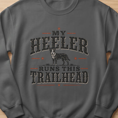 Heeler dog graphic with text "MY HEELER RUNS THIS TRAILHEAD".