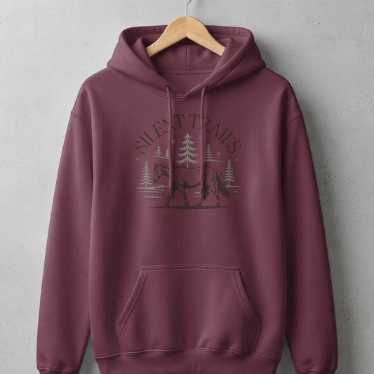 Maroon hoodie with "Silent Trails" text and horse and tree graphic.