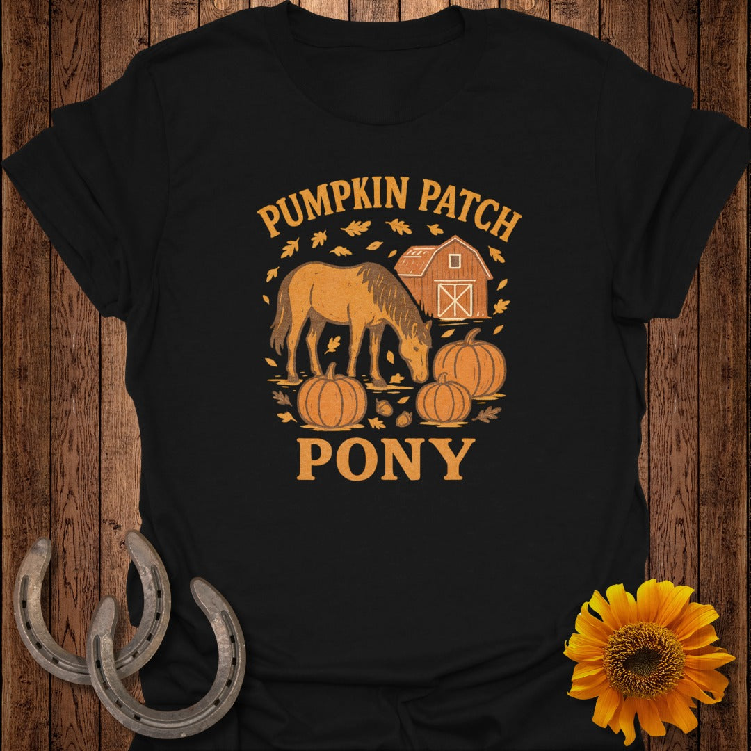 Black t-shirt with "Pumpkin Patch Pony" graphic featuring a horse and pumpkins.