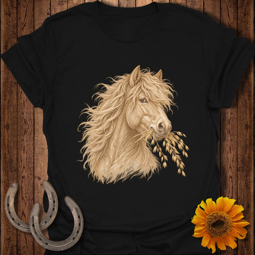 T-shirt with a tan horse head eating wheat stalks, featuring horseshoes and a sunflower.