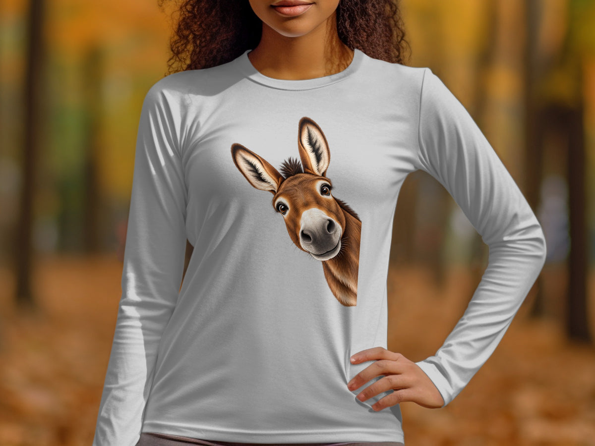 White long-sleeve shirt with a curious donkey graphic peeking from the side.