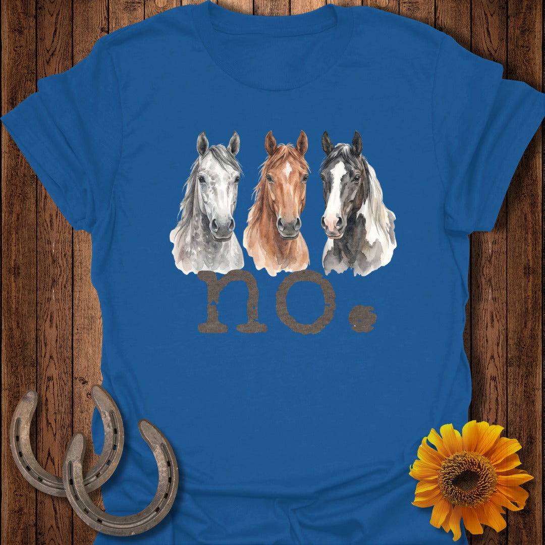 Three watercolor horses above the text "NO." on a blue t-shirt.