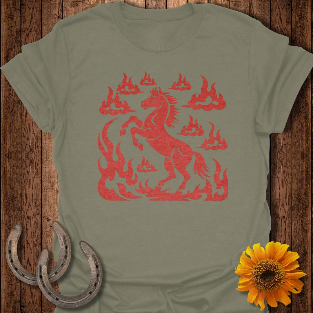 Red horse with flames and clouds graphic on a green t-shirt.