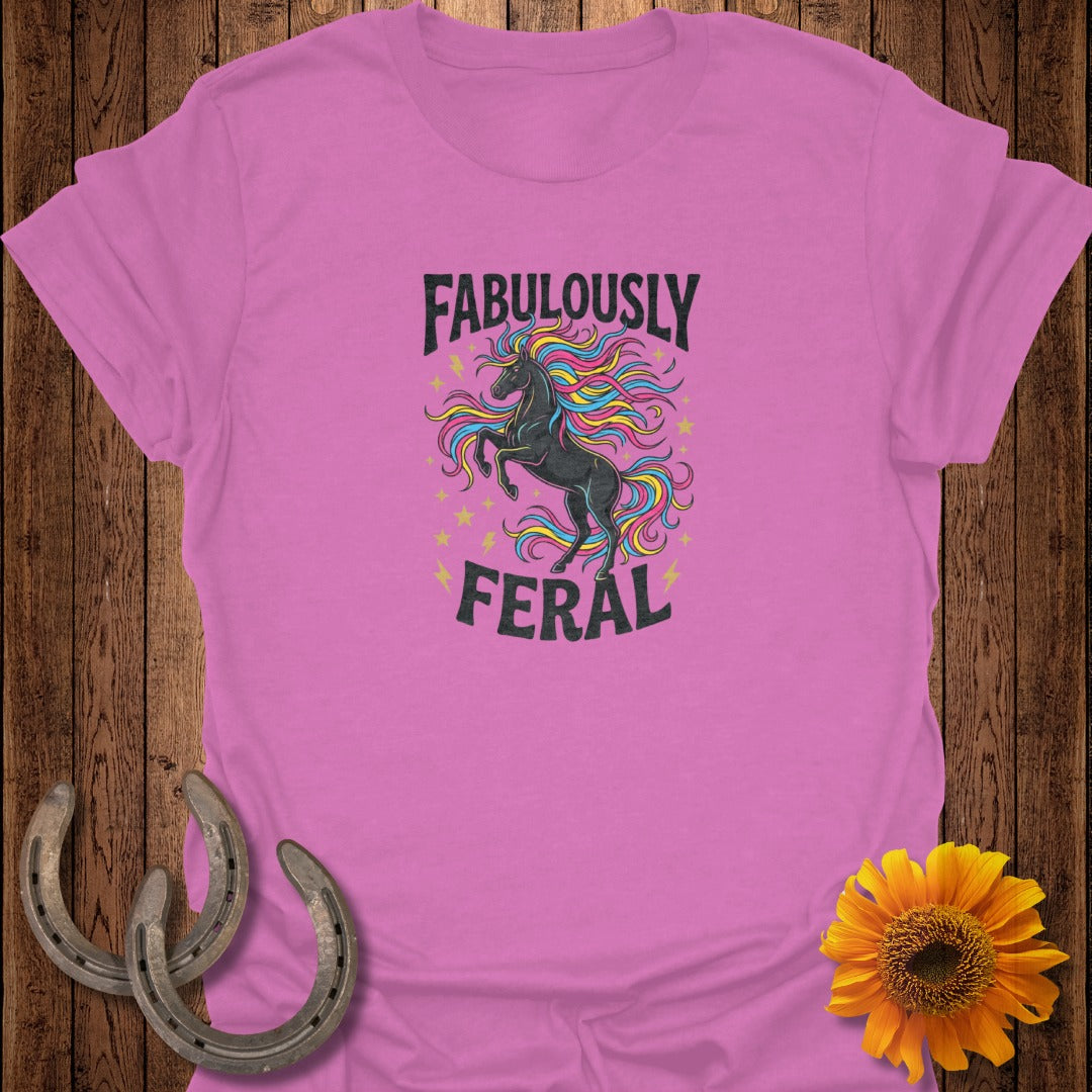Pink t-shirt with black unicorn and "Fabulously Feral" text.