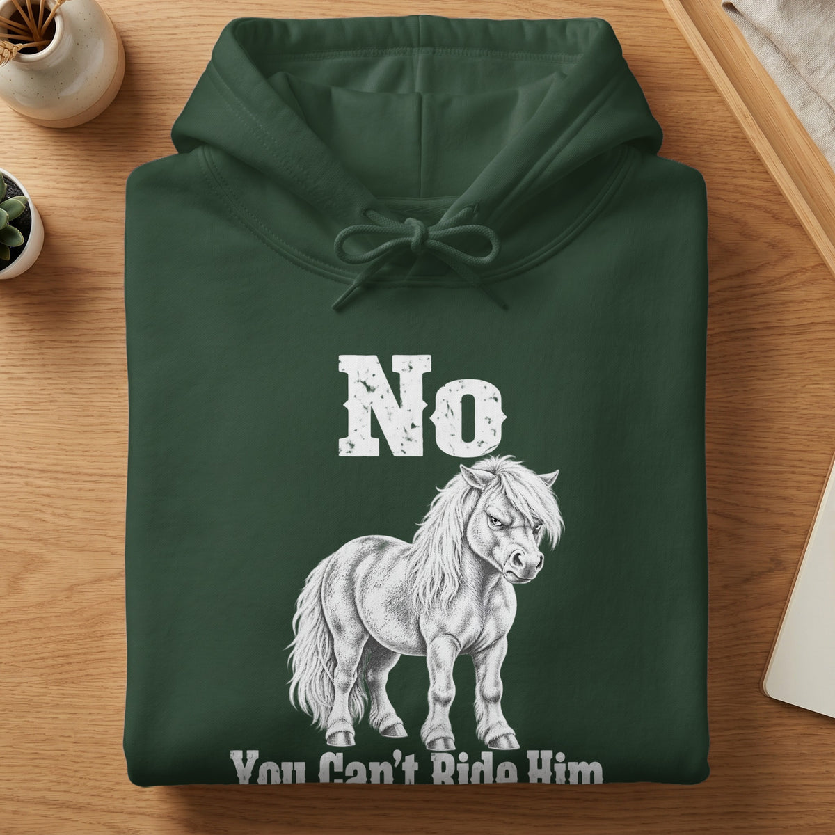 A folded dark green hoodie with white text reading No You Cant Ride Him above and below a sketch of an angry pony.