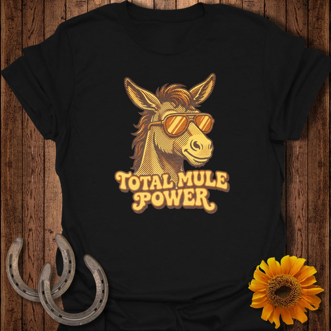 T-shirt with "TOTAL MULE POWER" text and a cartoon mule wearing sunglasses.