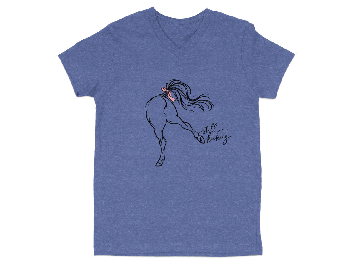 Line art of a horse's hindquarters with a pink bow and "still kicking" text.