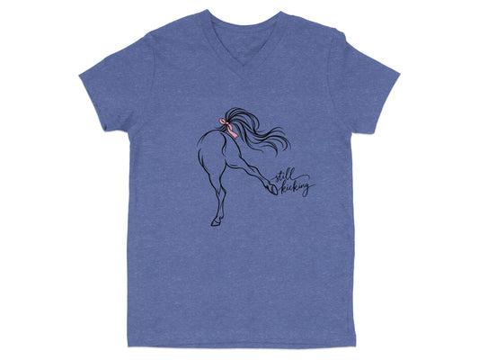 Line art of a horse's hindquarters with a pink bow and "still kicking" text.