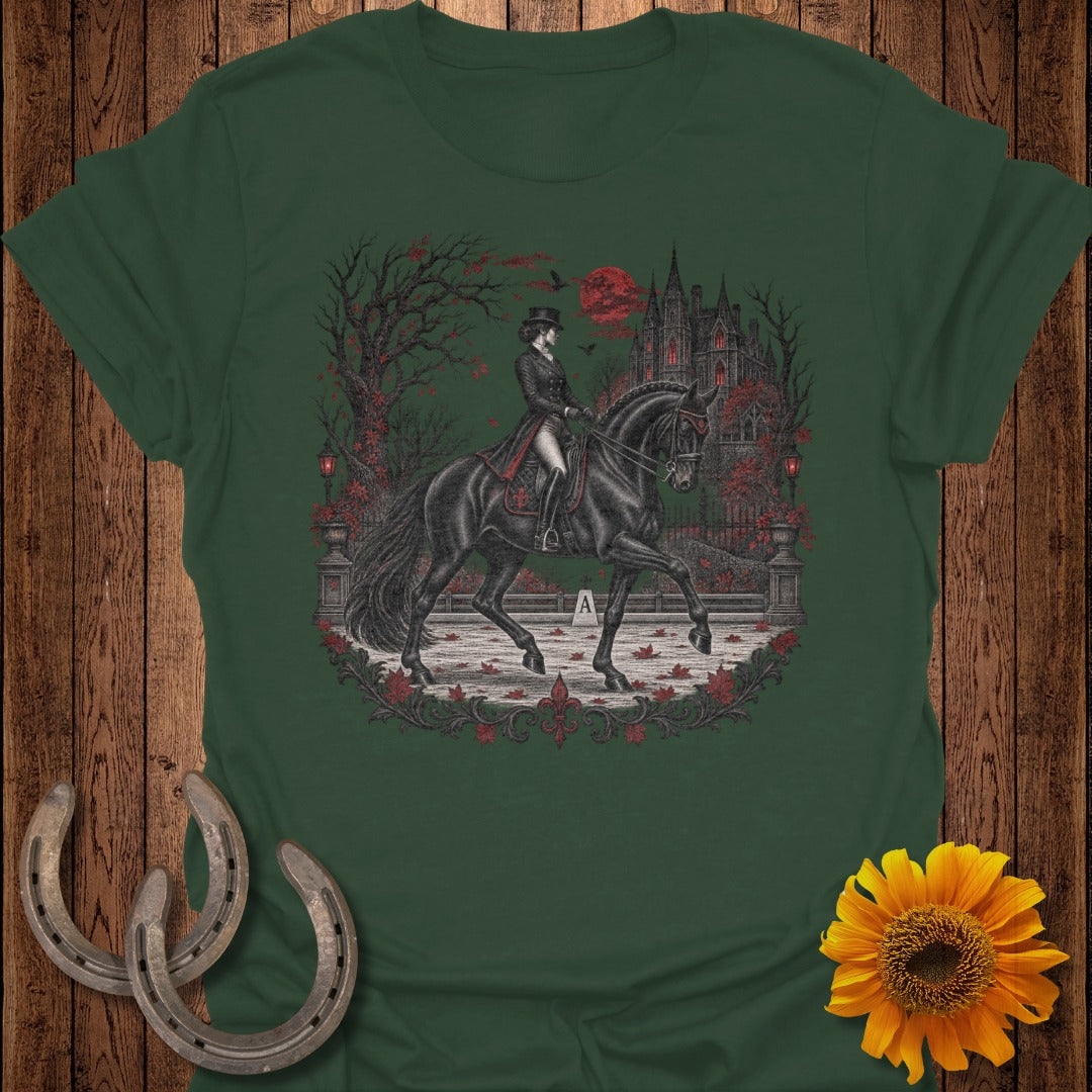 Woman in top hat rides black horse before gothic castle and red moon.