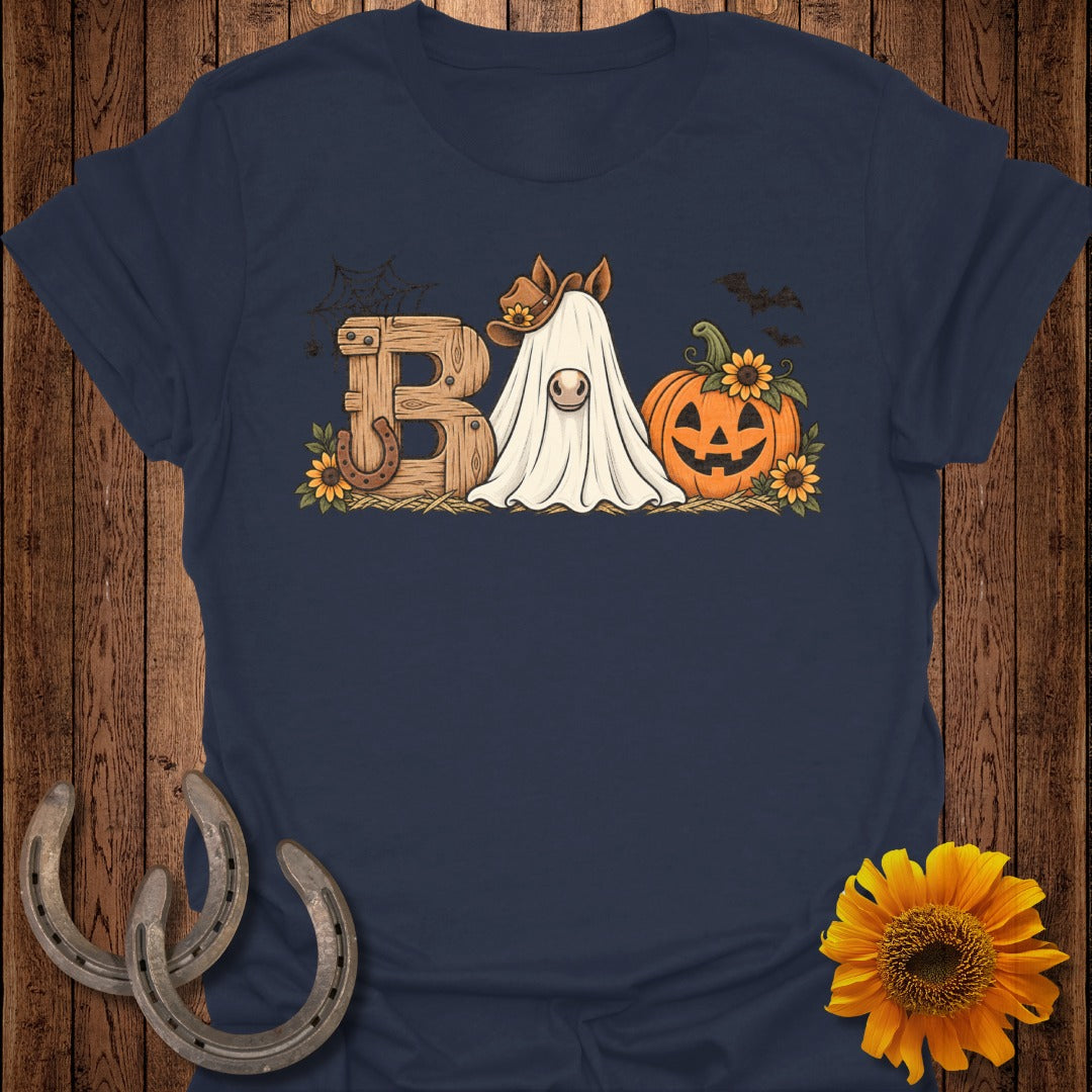 Navy t-shirt with "BOO" graphic featuring a ghost horse, pumpkin, and sunflowers.