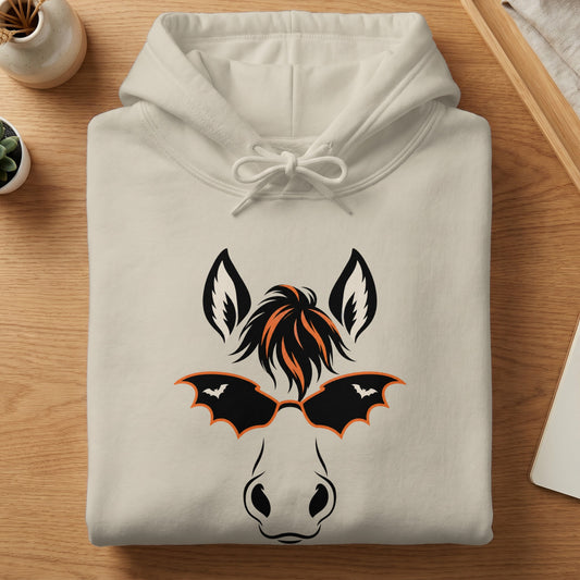 Cream hoodie with black and orange horse Halloween graphic and bat sunglasses.
