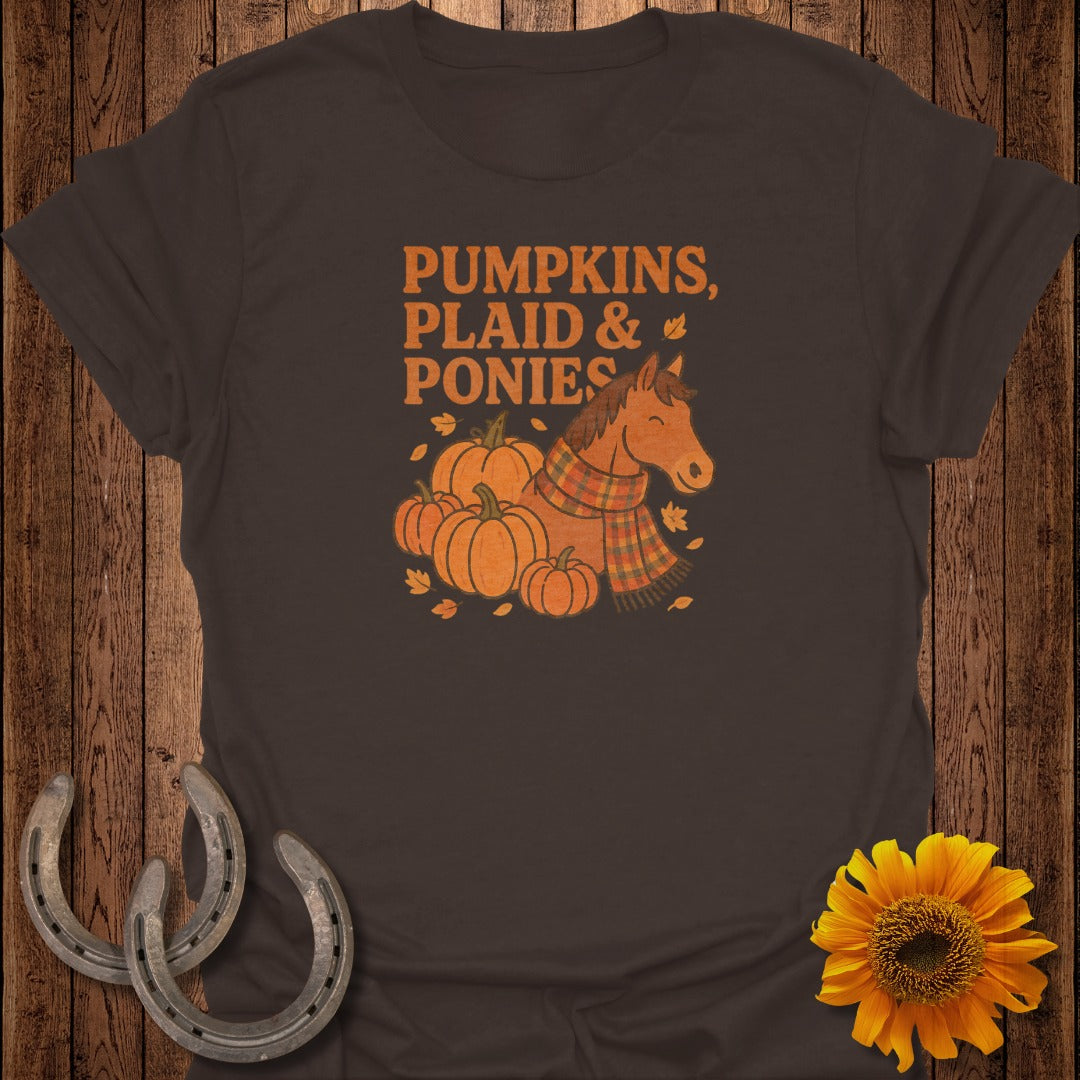 Brown t-shirt with pumpkins, plaid scarf-wearing pony, and text "PUMPKINS, PLAID & PONIES".