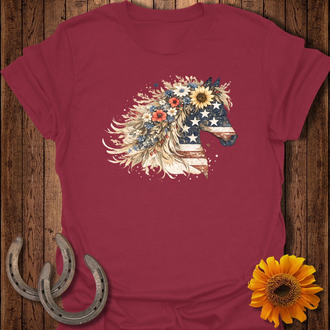 Maroon t-shirt featuring a horse silhouette with an American flag mane and floral accents.