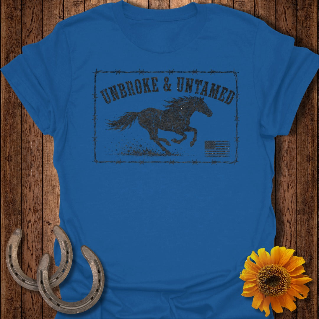 Royal blue t-shirt with distressed graphic of a running horse and text "UNBROKE & UNTAMED".