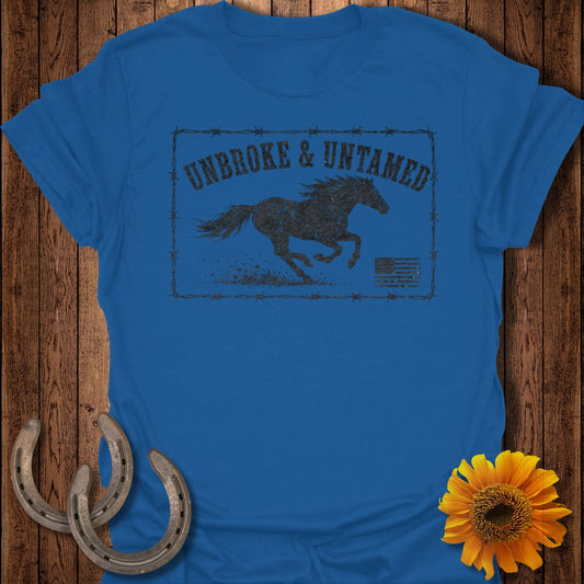 Royal blue t-shirt with distressed graphic of a running horse and text "UNBROKE & UNTAMED".