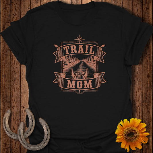 Black t-shirt with "Trail Mom" text and forest road graphic.