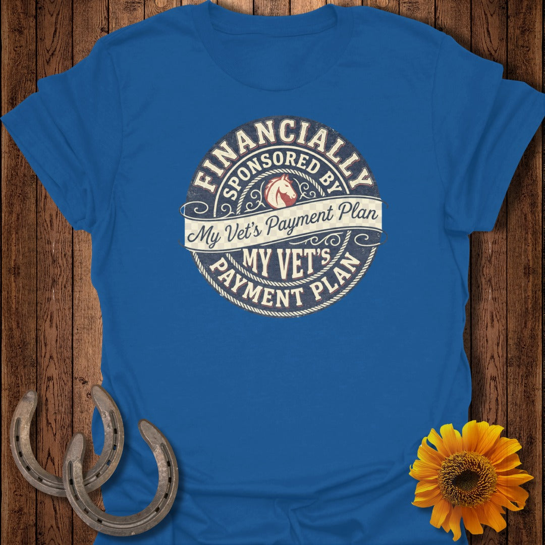 Blue t-shirt with "Financially Sponsored by My Vet's Payment Plan" text.