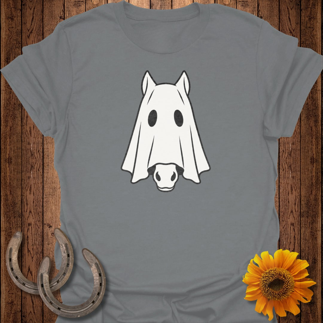 Horse head wearing a ghost sheet with two black eye holes and a nose.