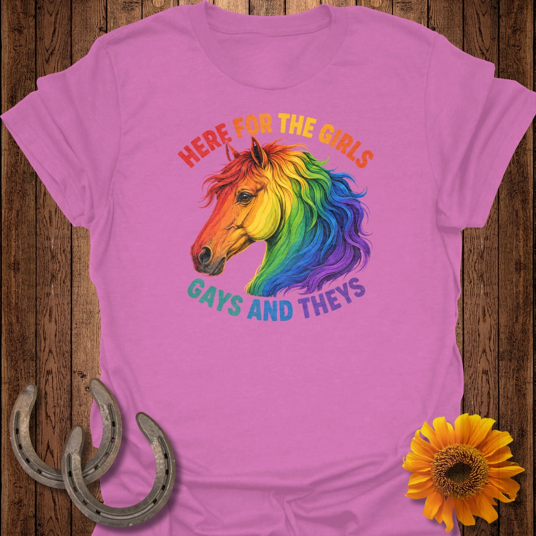 Pink t-shirt with rainbow horse and text "HERE FOR THE GIRLS GAYS AND THEYS".