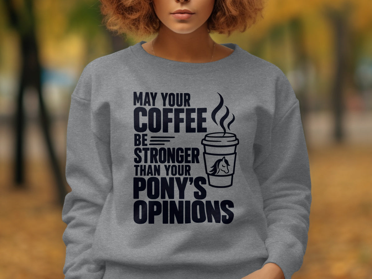 Grey sweatshirt with "May your coffee be stronger than your pony's opinions" text and coffee cup graphic.
