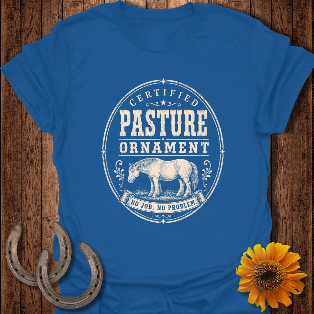 Blue t-shirt with "Certified Pasture Ornament" and horse graphic.