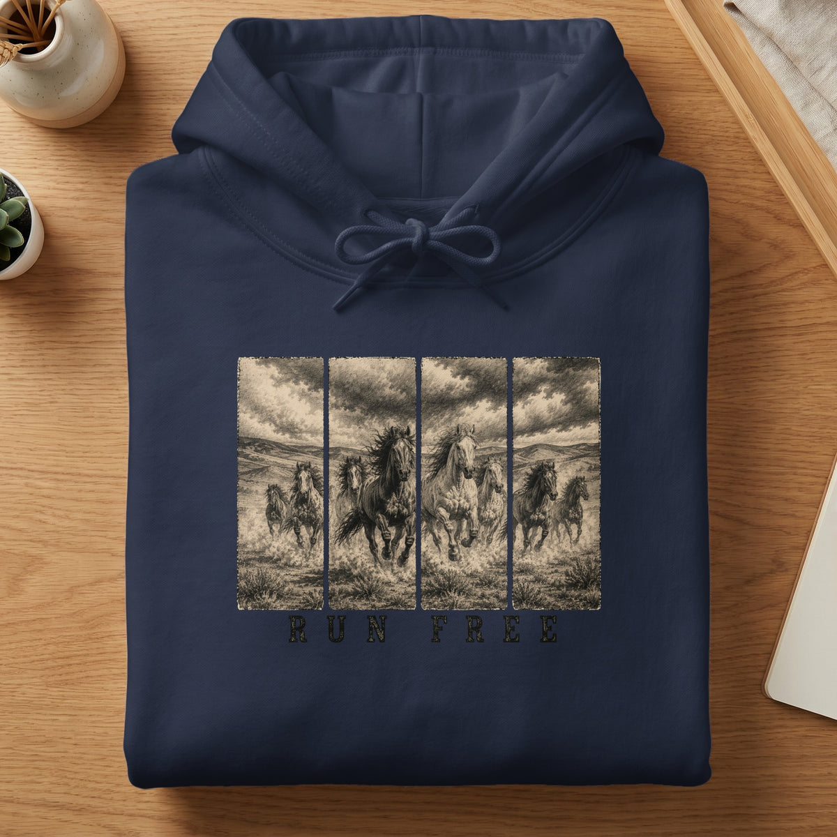 Navy hoodie with a sepia print of running horses and "RUN FREE" text.