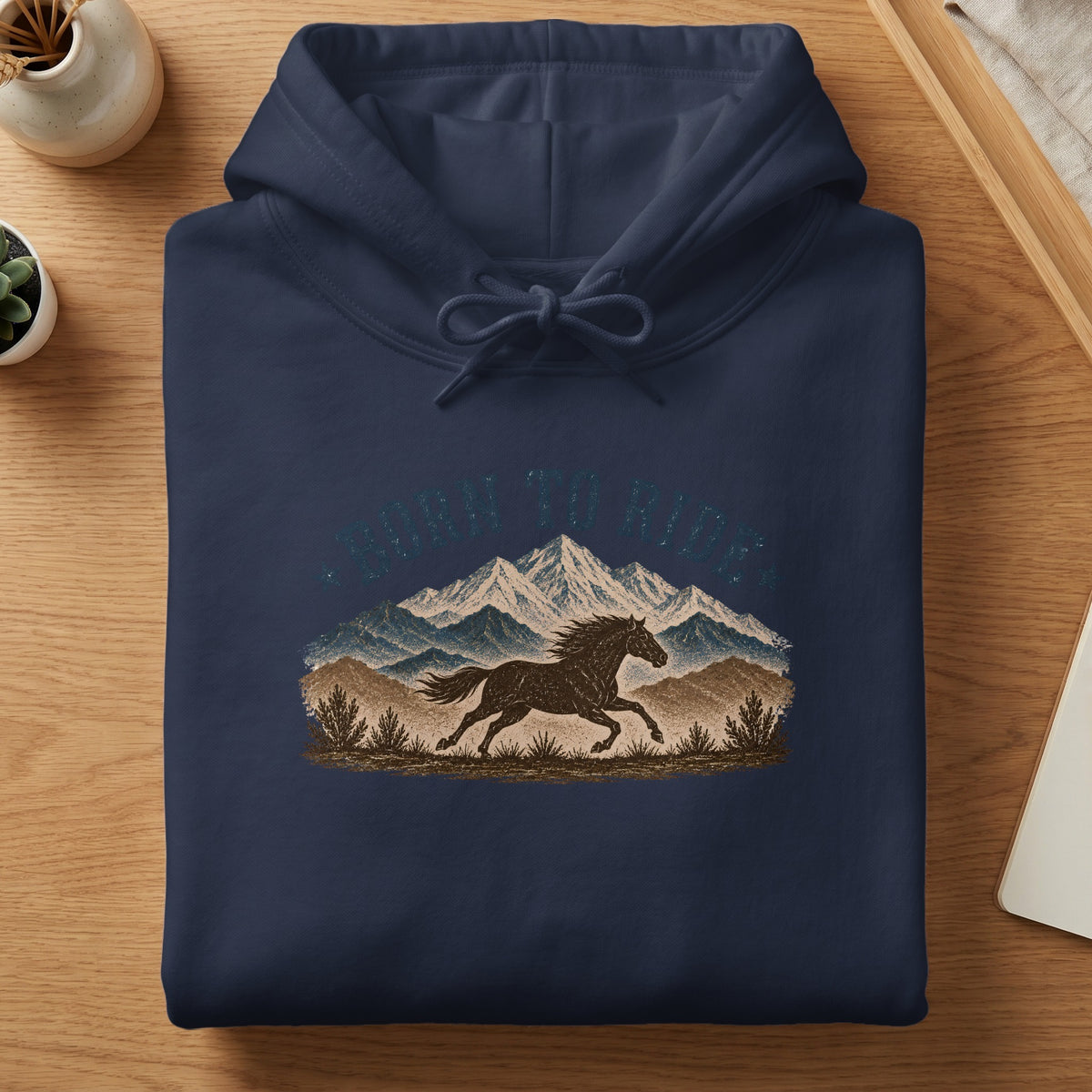 Navy hoodie with "Born to Ride" text and a running horse in front of mountains.