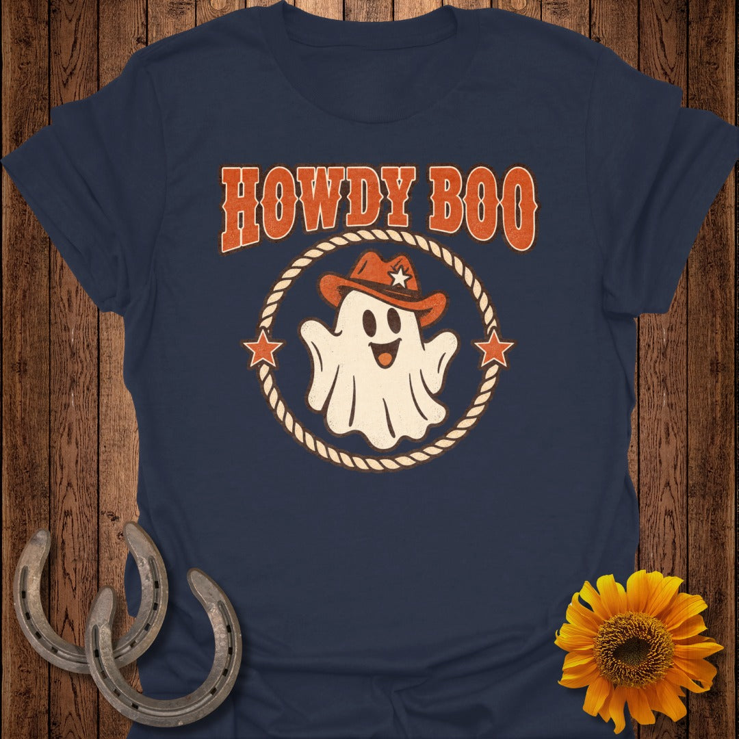 Navy t-shirt with "Howdy Boo" text and a ghost wearing a cowboy hat.