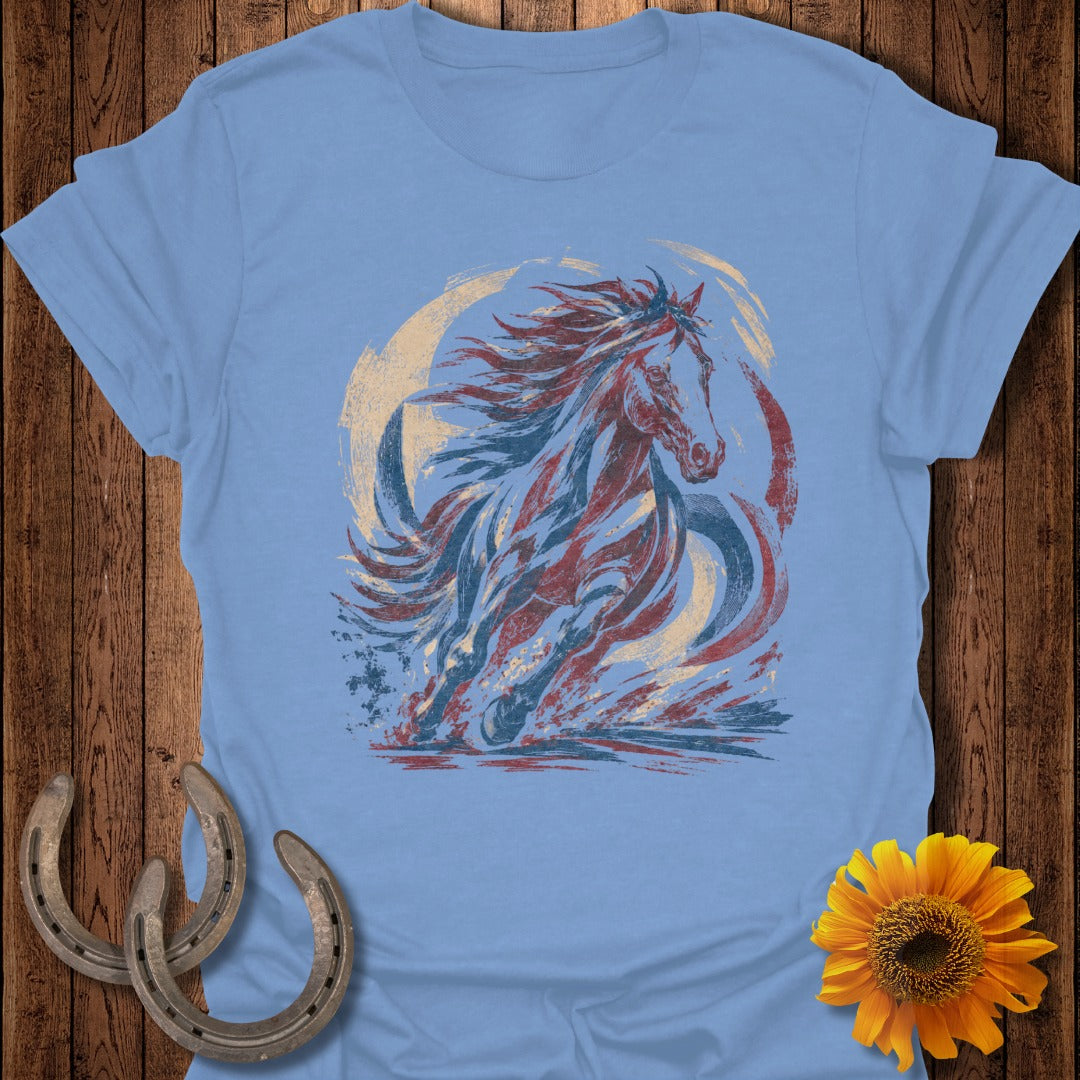 Running horse graphic on a light blue t-shirt with wood and sunflower background.