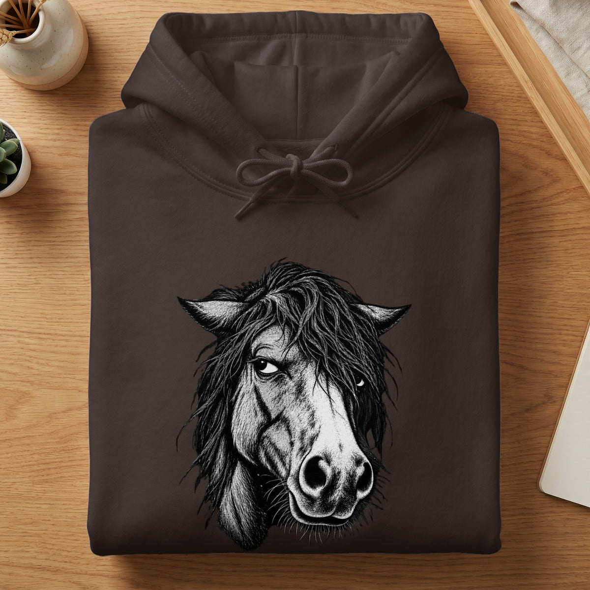 Dark brown hooded sweatshirt featuring a black and white illustrated horse graphic on the front.