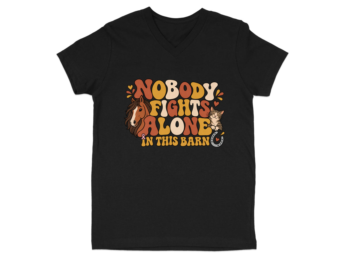 Black t-shirt with "NOBODY FIGHTS ALONE IN THIS BARN" text, horse, cat, and horseshoe graphic.