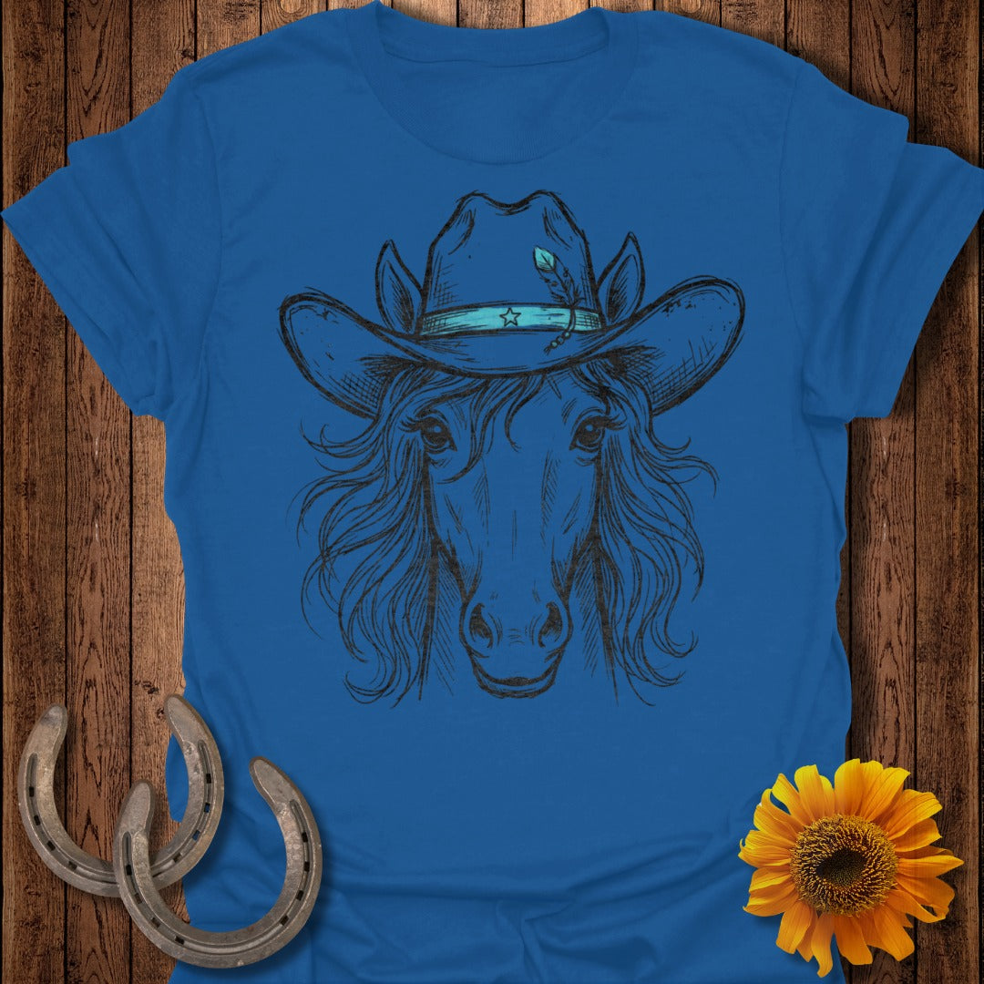 Blue t-shirt with a sketch of a horse wearing a cowboy hat.