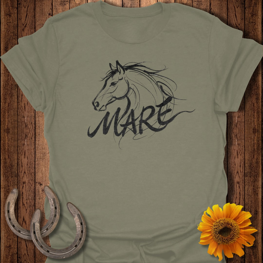 T-shirt with a sketched horse head and the word "MARE" in brush script.