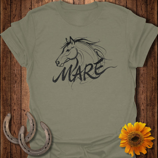 T-shirt with a sketched horse head and the word "MARE" in brush script.
