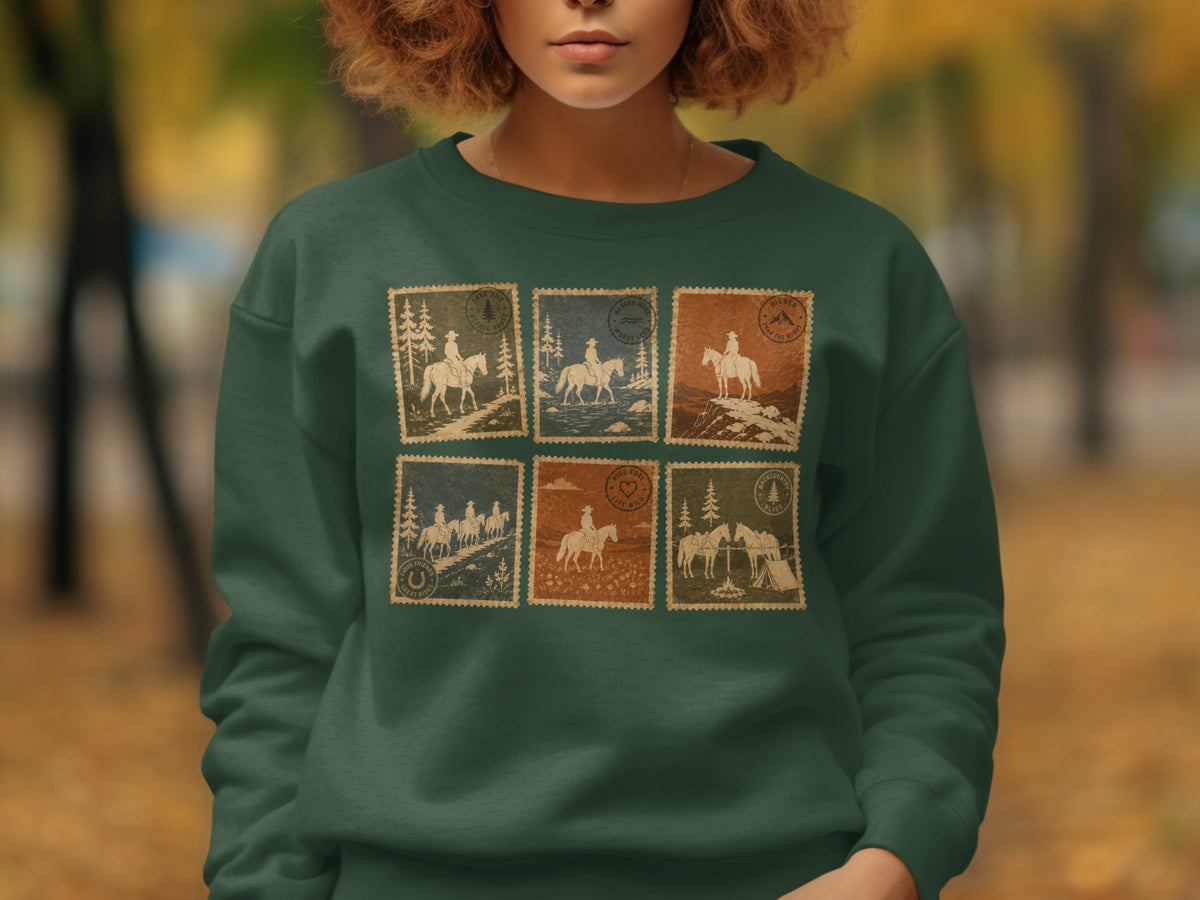 Green sweatshirt with a collage of six vintage-style stamp graphics featuring horse riders and nature scenes.