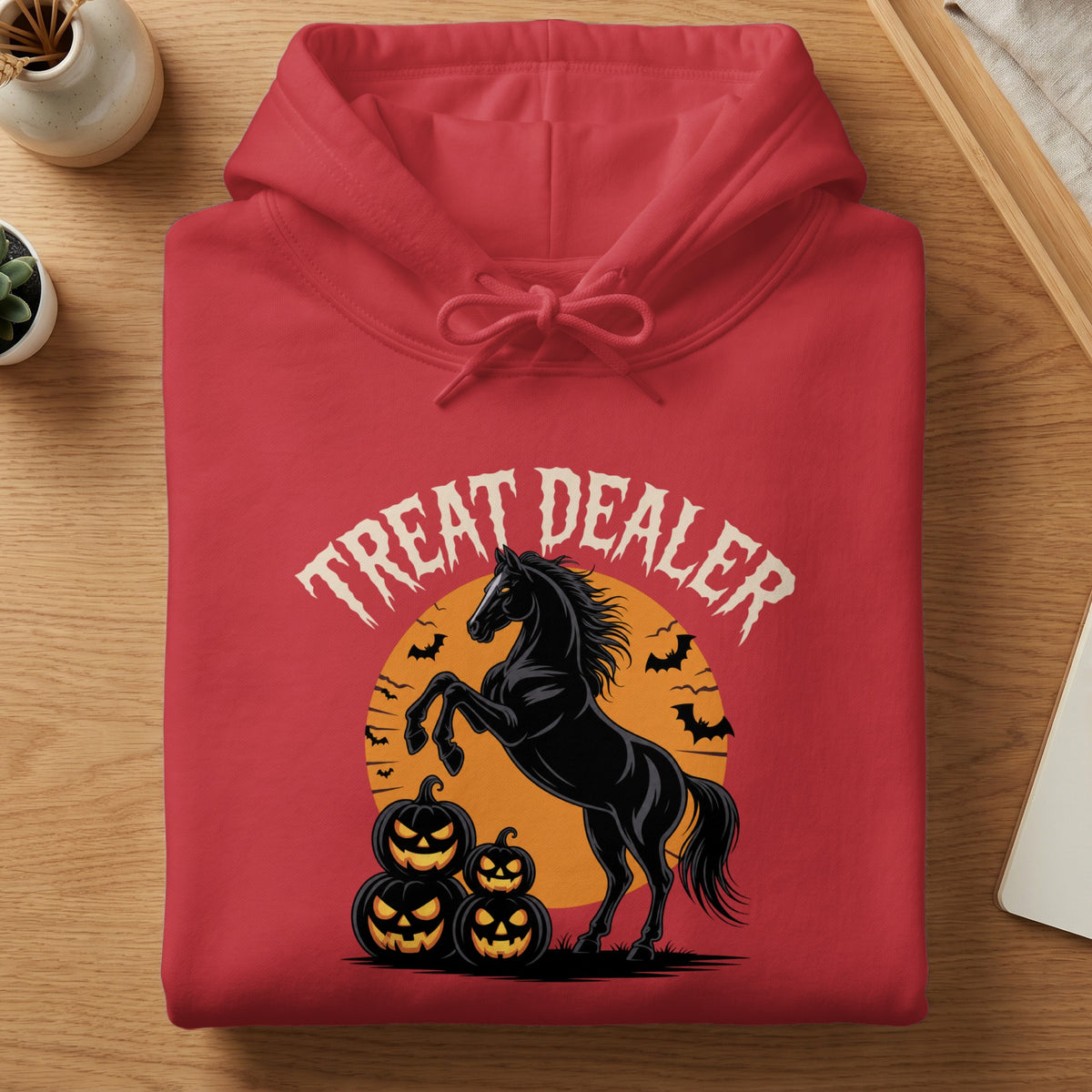 Red hoodie with black horse, pumpkins, bats, and text "TREAT DEALER".