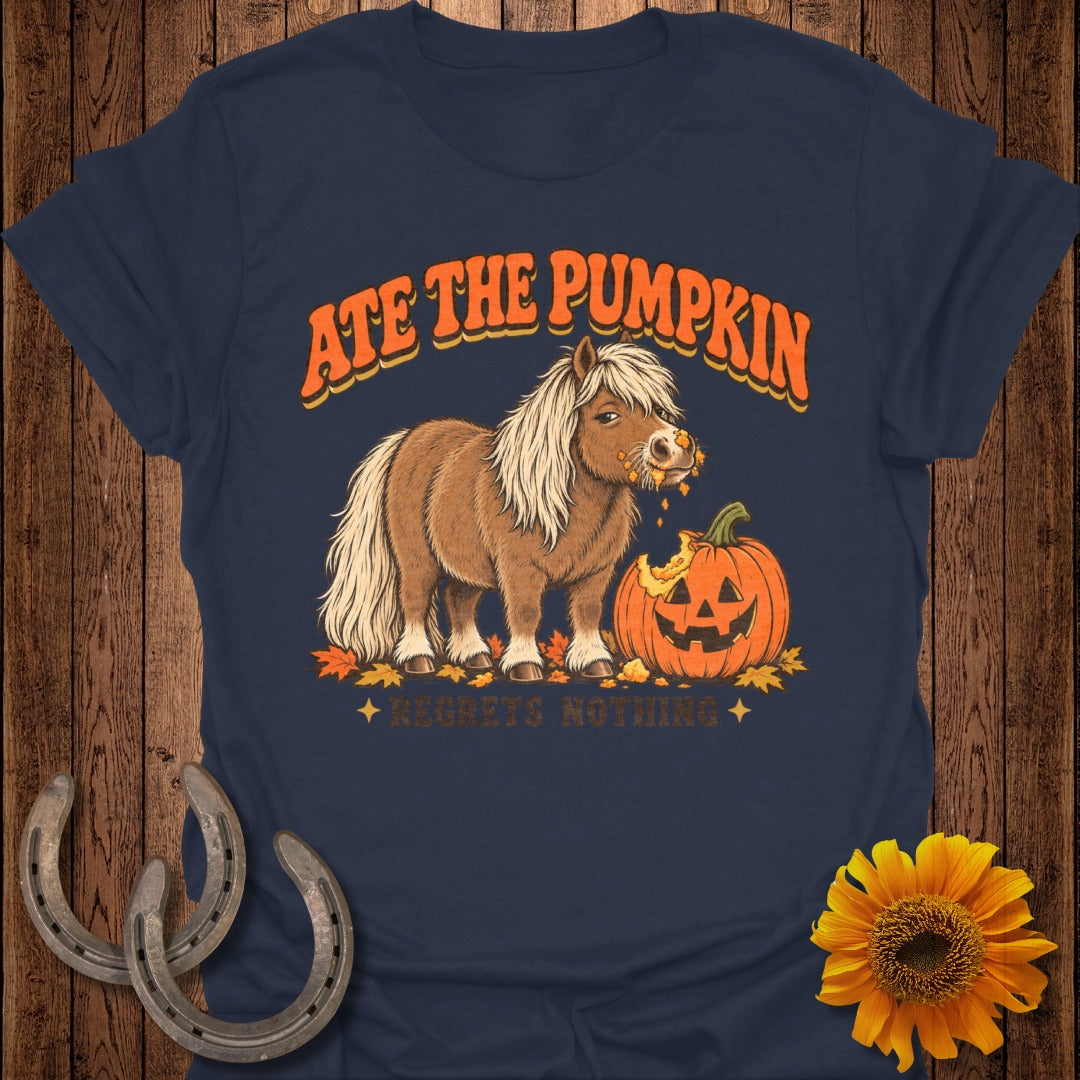 Pony eating pumpkin with "Ate the pumpkin, regrets nothing" text.