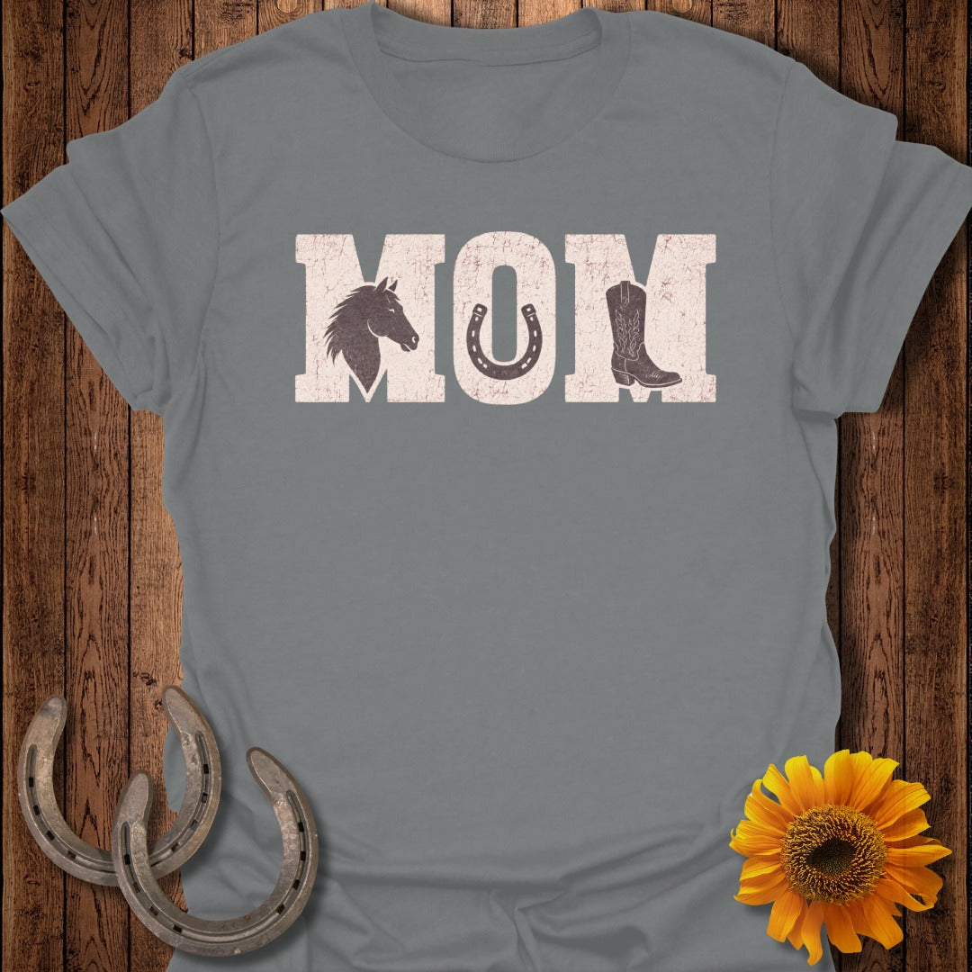 Gray t-shirt with "MOM" text, featuring a horse head and boot graphic.