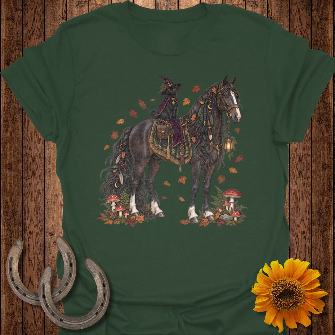 Black cat in witch hat rides a horse adorned with autumn leaves and mushrooms.
